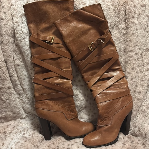 Women’s 7 Camel brown knee high designer leather strappy high heel boots - Picture 1 of 6